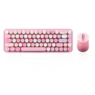 Image of Perixx PERIDUO 802PK Bluetooth Mini Keyboard and Mouse Combo Retro Round Key Caps Pastel Pink US English