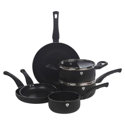 Image of Blaumann 8 Pcs Cookware Set Cooking Pots Pans with Soft Touch Handles Glass Lids (Matt Black)