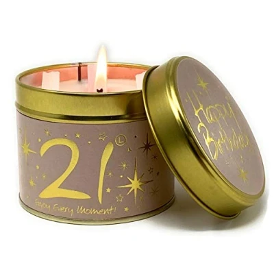 Image of Lily Flame Happy Birthday 21st Scented Candle Tin A Warm, Sweet Powdery Scent with Gold on Powder Pink Cruelty Free and Vegan Friendly