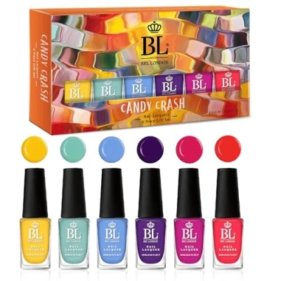 Image of BEL London Candy Crash Nail Polish Gift Set for Women Professional Quality 6 Color Quick Dry Varnish, Vibrant Shades Glamorous Manicures, Pack