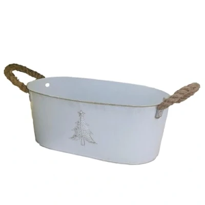 Image of Fyne Finds Galvanised Metal Tin Pail Trough Embossed Tree 30cm,12Inch Plant Pot Gold White Christmas Xmas Decor