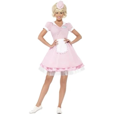 Image of Smiffys 50s Diner Girl Costume, Pink with Dress &amp; Mini Hat, 1950&#039;s Rock&#039;n&#039;Rolla Fancy Dress, 1950s Up Costumes