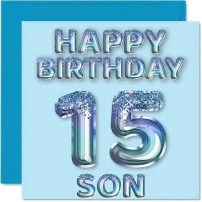 Image of 15th Birthday Card for Son Blue Glitter Party Balloons Happy Cards 15 Year Old from Mum Dad Parents, 145mm x Bday Greeting Gift
