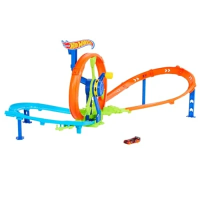 Image of Hot Wheels Toy Car Track Set, Launch and Loop Playset &amp; 1:64 Scale Die Cast Vehicle, Crash Area on Figure 8 with Kicker Booster, JBX65