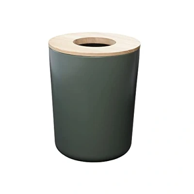 Image of iDesign Eco Vanity Steel Bin, Versatile Home Dustbin, Made from Metal and Wood, Kitchen Bathroom Accessory to Help Keep Homes Clean, with Paulownia Wood Lid, Green/Beige,21.59/21.59/27.43 cm