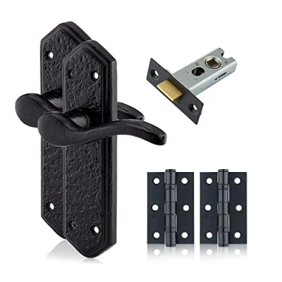 Image of XFORT Smithy&#039;s Range London Suite Lever Latch Pack Black Antique, Complete Set with Door Handles, 65mm Tubular and 75mm Ball Bearing Hinges, Handles for Internal Wooden Doors.