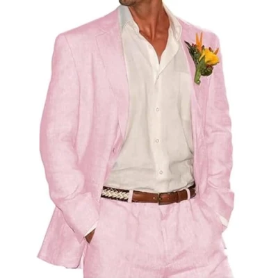 Image of Men&#039;s Notch Lapel Pink Linen Business 2 Piece Suit Wedding Groomsmen Tuxedos 40/34