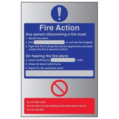 Image of V Safety General Fire Action Dial Sign 200mm x 300mm Self Adhesive Alu Effect