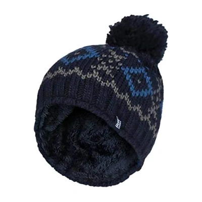 Image of HEAT HOLDERS Mens Chunky Knit Fleece Lined Thermal Winter Warm Beanie Bobble Hat with Pom (One Size, Navy/Blue)