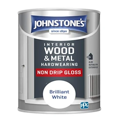 Image of Johnstone&#039;s Wood &amp; Metal Hardwearing Brilliant White High Sheen Non Drip Gloss Finish Suitable Paint Interior Exterior Dry in 16 24 hours 14m2 Coverage per Litre 750ml