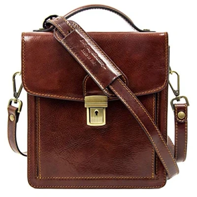 Image of Time Resistance Leather Small Briefcase for Men Brown Crossbody Bag