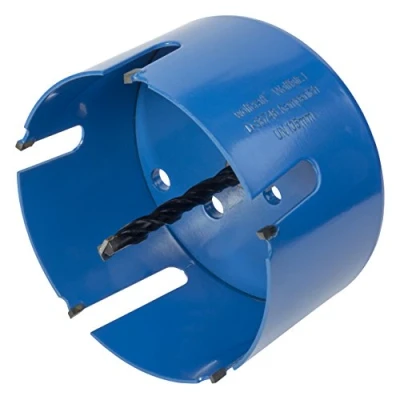 Image of wolfcraft Universal Hole Saw with Mandrel, Pre Assembled, Ø 105 mm I 3887000 use in a wide range of materials, cutting depth 60