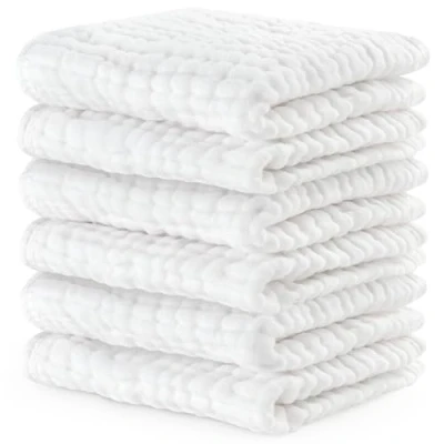 Image of Baby Washcloths, Muslin Cotton Towels, Large 10x10 Wash Cloths Soft on Sensitive Skin, Absorbent for Boys &amp; Girls, Newborn Toddlers Registry Gift (White, 6 Pack, 25 X CM)