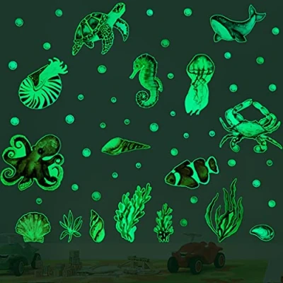 Image of Alnicov 52 Pieces Glow Undersea Creatures Wall Sticker 3D Stickers in The Dark Ocean Octopus tortoise Shark for Home Office Living Room Bathroom Toilet