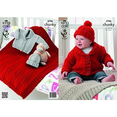 Image of King Cole Baby Blanket, Jacket &amp; Hat Comfort Chunky Knitting Pattern 3706