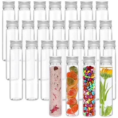 Image of Kurtzy 25 Pack Clear Plastic Test Tubes with Screw Caps &amp; Cleaning Brush 75ml Reusable Transparent Container for Candy Storage, Scientific Party, Liquids, Bath Salts, Beads Flowers
