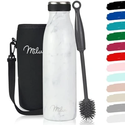 Image of Milu Stainless Steel Drinking Bottle 350ml 500ml 750ml 1L 1,5L Thermo Bottle, Insulated Water Leak Proof Double Walled, Carbonated incl. Cleaning Brush (Marble, 500ml)