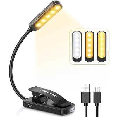 Image of TEAMPD 10 LED Book Light, 3 Eye Protecting Lightng Colours Reading Adjustable Brightness, USB Rechargeable 12H Battery Life, Flexible Clip on Light for Reading, Painting,Travel