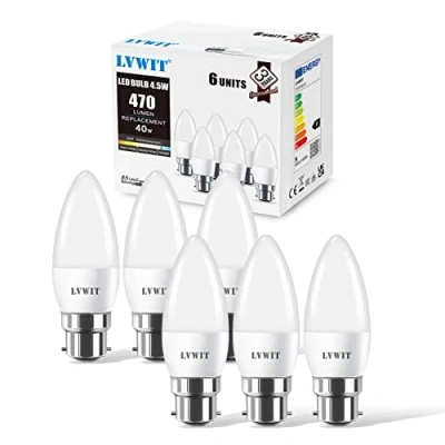 Image of LVWIT B22 LED Candle Bayonet Bulbs,4.5W Bulbs, 40W Bulb Equivalent,6500K Cool White Cap, 470Lm, 200 Degree Beam Angle,220 240V,Non Dimmable (Pack of 6)
