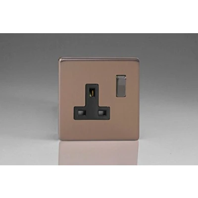 Image of Varilight Flat Plate Screwless Brushed Bronze 2 Gang 13 Amp Switched Plug Socket