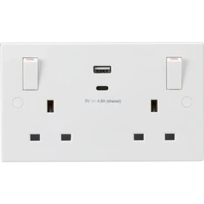 Image of KnightsBridge 13A 2G Square Edge White Switched socket with outboard rockers and dual USB (A+C) 5V DC 4.8A shared