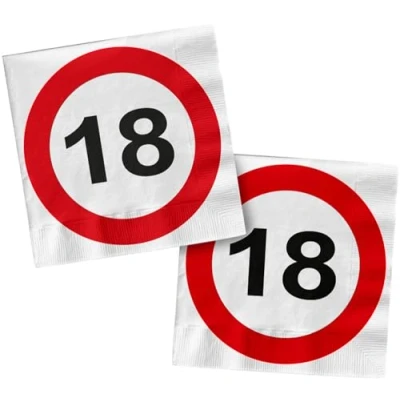 Image of Folat 28372 Napkins 18th Birthday Red White Traffic Sign 33 x cm Pack of 20 Paper Table Decoration