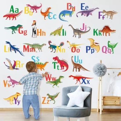 Image of DECOWALL DS9 8080 Learning Dinosaur Alphabet Colorful Wall Stickers ABC Dinosaurs Educational Decals for Kids Boys Bedroom Nursery Living Room Art Home décor Letters Classroom playroom Decorations