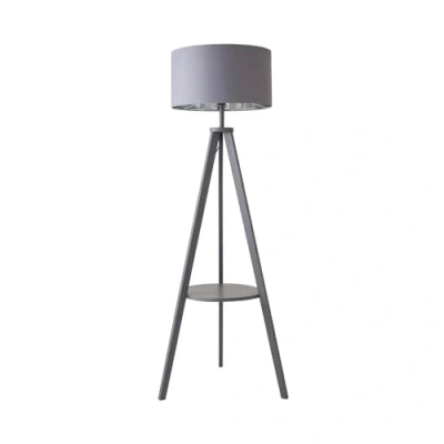 Image of MiniSun Modern Grey Wood Tripod Design Floor Lamp with Storage Shelf &amp; Grey/Chrome Drum Shade