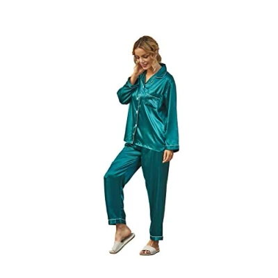 Image of Ladieshow Women Pajamas Satin Ladies Pj Set Long Sleeve Sleepwear Two Piece … Green
