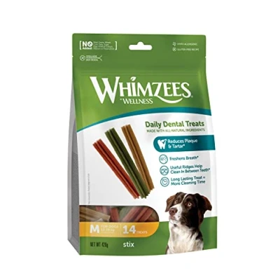 Image of WHIMZEES By Wellness Stix, Dog Dental Sticks, 14 Pieces, Size M, Chews for Medium Breeds, Natural, Grain Free, Rawhide Vegetarian, No Added Sugar