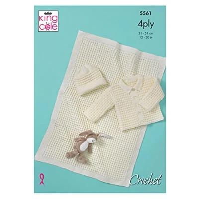Image of King Cole 5561 Crochet Pattern Baby Jacket Hat and Blanket in Big Value 4 Ply