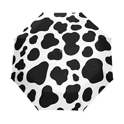 Image of QMIN Auto Folding Umbrella Animal Cow Print Pattern Windproof Anti UV Protection Travel Compact Rain for Women Ladies Men Girls