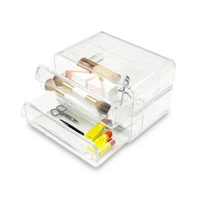 Image of Addis 2 Pull Out Drawer Stackable Organiser Clear Acrylic Make Up Cosmetic Storage Box,
