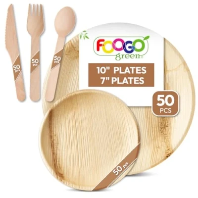 Image of FOOGO Green 250pcs Disposable Palm Leaf Plates and Wooden Cutlery Set, FSC® Certified, 50x Large Round Plates, Small Side Spoons, Forks, Knives, Party Eco Biodegradable