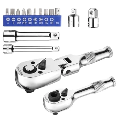 Image of WORKPRO 2 Piece Stubby Handle Ratchet Set with 14 Accessories, 1/4&quot; Dual Socket Short Bit Driver Head, 3/8&quot; Wrench Flexible Reversible 72 Teeth