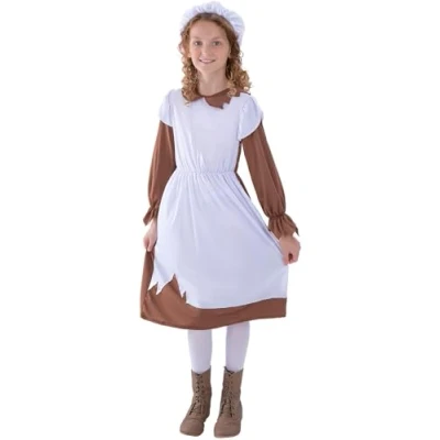 Image of Smiffys Poor Victorian Costume, Brown &amp; White with Dress Hat, Girls Fancy Dress, Child Up Costumes