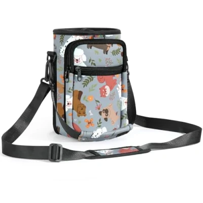 Image of Nuovoware Water Bottle Carrier Bag, 64oz Pouch Holder, Adjustable Shoulder Hand Strap 2 Pocket Sling Neoprene Sleeve Sports Accessories for Hiking Travelling Camping, Gray Puppy