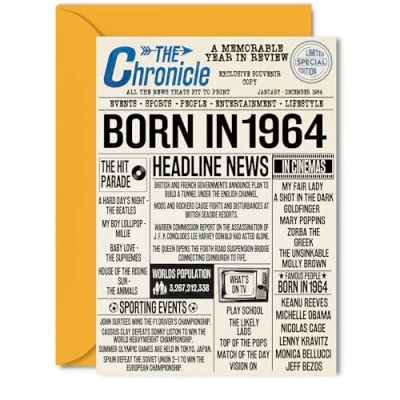 Image of 60th Birthday Cards for Women Men Born In 1964 Newspaper Happy 60 Card Grandma Grandad Nan Vintage Retro Back 1964, 5x7 Inch Sixty Sixtieth Bday Greeting
