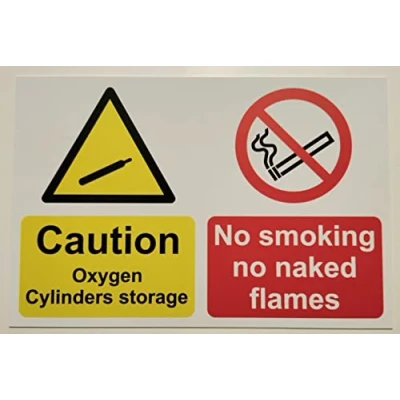 Image of Caution Oxygen Cylinder Storage no Smoking or Naked Flames Safety Sign 1mm Plastic (200mm x 150mm)