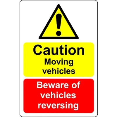 Image of Caution moving vehicles beware of reversing Safety sign 1mm Plastic (400mm x 300mm)
