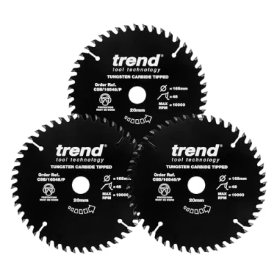 Image of Trend CraftPro TCT Non Stick PTFE Coated Sawblades, 165mm Diameter, 20mm Bore, 48 Teeth, 2.2mm Kerf, 3 Pack, CSB/165/3PKAP, Black