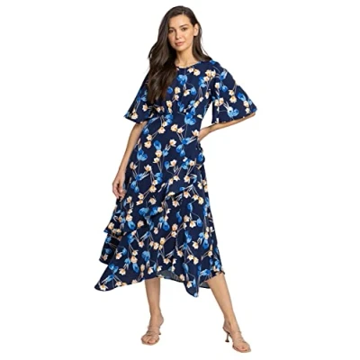 Image of Roman Originals Women Floral Print Chiffon Midi Dress Ladies Tiered Silhouette Angel Sleeve Fit and Flare Zip Back Occasion Dresses Navy Size 10