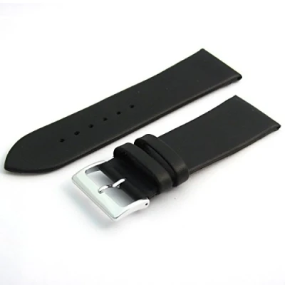Image of Fine Calf Leather Watch Strap Band 22mm Black with Chrome (Silver Colour) Buckle. Free Spring Bars (Watch Pins)
