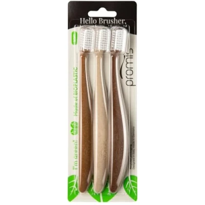 Image of promis brush sustainable toothbrush made from renewable raw materials bioplastic soft 6750 bristles recycled packaging in Germany Italian design ergonomic handle (triopack, wood love)