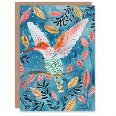 Image of Artery8 Greeting Card Hummingbird Folk Art Pink Blue Orange Watercolour For Her Woman Birthday
