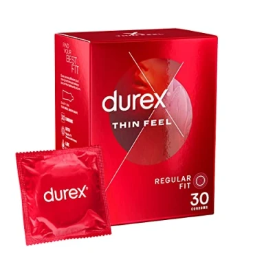Image of Durex Thin Feel Condoms, 30 Pack, Regular Size Fit, Condom for Increased Sensitivity, Contraception, Thinnest Condom, Best Condoms Feeling, Natural Latex with Silicon Lube