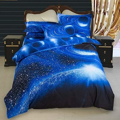 Image of Sticker superb Duvet Cover Set 3D Galaxy Star Bedding 2 Pieces with Pillow Sham (Blue Galaxy, Single 150 * 200cm)