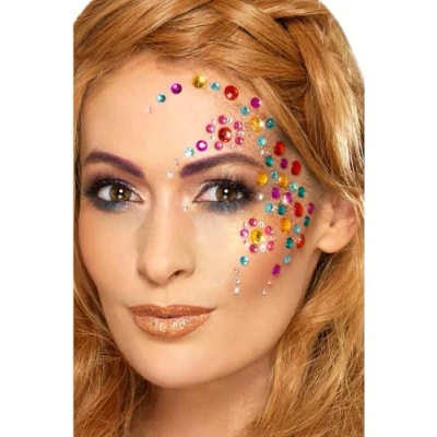 Image of Smiffys Make Up FX, Rainbow Jewel Face Gems, Multi Sheet of 100 Assorted, Self Adhesive, Cosmetics and Disguises Fancy Dress, Adult Dress &amp; Disguises.
