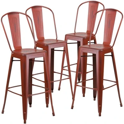 Image of Flash Furniture Commercial Grade 4 Pack 30&quot; High Distressed Metal Indoor Outdoor Barstool with Back, Kelly Red, Set of