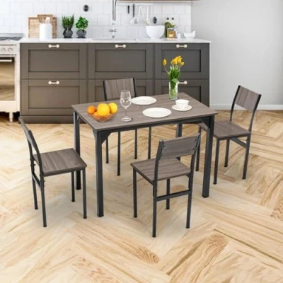 Image of WestWood 4 Person Wooden Dining Table Set Compact Space Saving Kitchen with Chairs for Room Bistro Cafe or Living Sturdy Grey WW DS20